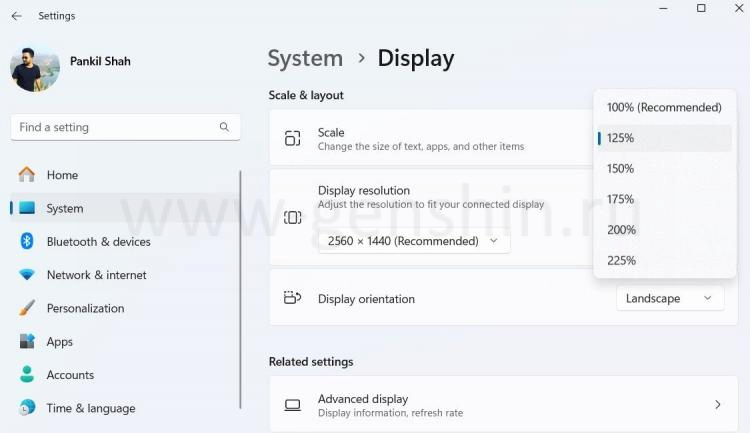 Настройки Windows 11, показывающие меню настройки масштаба