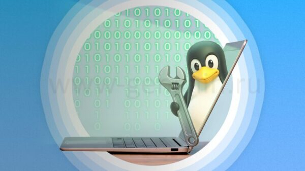 Ноутбук на столе сбоку, из экрана выходит маскот Linux с гаечным ключом.