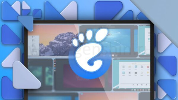Экран с логотипом GNOME и несколькими дистрибутивами Linux на фоне с геометрическим узором.