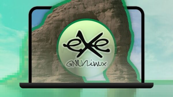 Логотип EXE GNU/Linux на экране ноутбука с пиксельным ландшафтом и ретро-визуальным эффектом.