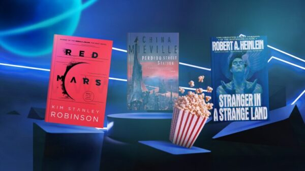 Футуристический сеттинг с тремя книгами рядом и ведром попкорна в центре.