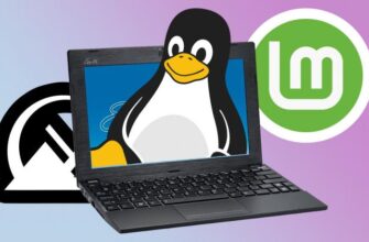 Ноутбук Eee PC с пингвином Linux, логотипом Mint Linux и логотипом MX Linux.
