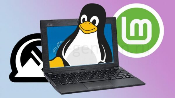 Ноутбук Eee PC с пингвином Linux, логотипом Mint Linux и логотипом MX Linux.