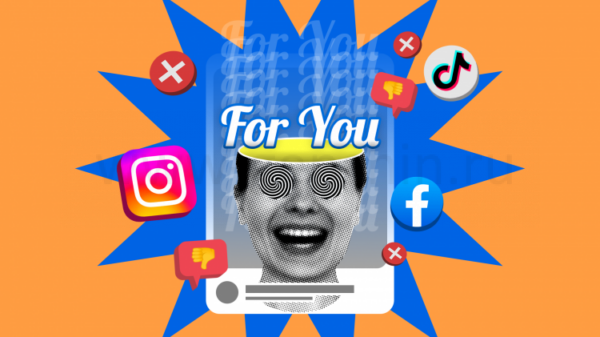 Концептуальная иллюстрация человека, загипнотизированного страницей «For You» в соцсетях, вокруг экрана — логотипы Instagram, TikTok и Facebook и иконки с пальцами вниз.