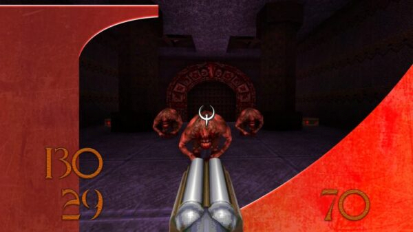 Геймплей Quake: двуствольное ружьё нацелено на трёх монстров.