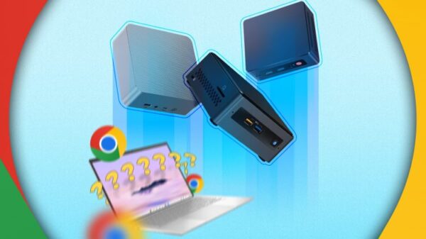 Три мини-ПК запускаются вверх, внизу сбитый с толку Chromebook, вокруг которого вопросительные знаки и логотипы Chrome.