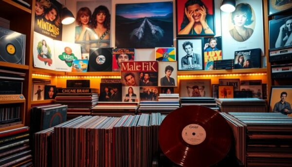 Виниловые пластинки, CD и кассеты на фоне ретро-плееров