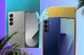 Сравнение смартфонов Samsung Galaxy Z Fold 6 и Z Fold 7 рядом друг с другом, между ними графика «VS».