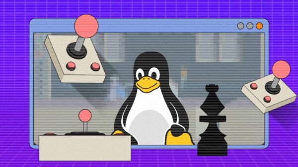 Талисман Linux Tux внутри ретро-окна компьютера, окружённый винтажными джойстиками и шахматной фигурой.