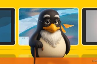 3D illustration of Tux, the Linux penguin mascot, depicted as an elderly figure with a white beard, glasses, and a cane, standing in front of a display showcasing some Linux distros.