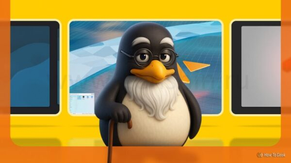 3D illustration of Tux, the Linux penguin mascot, depicted as an elderly figure with a white beard, glasses, and a cane, standing in front of a display showcasing some Linux distros.