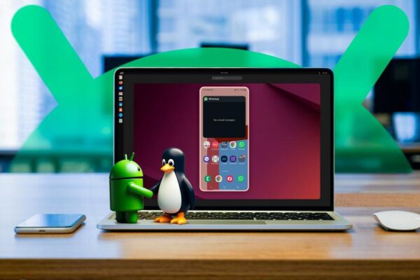 Ноутбук с Ubuntu, отображающий экран Android, маскоты Android и Linux пожимают друг другу руки над клавиатурой.