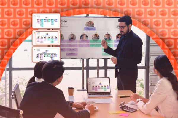 A man giving a presentation to his team using PowerPoint.