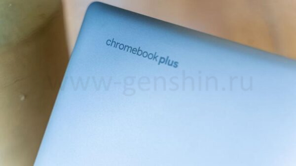 The Chromebook Plus logo on the lid of the HP Chromebook Plus x360 14b.