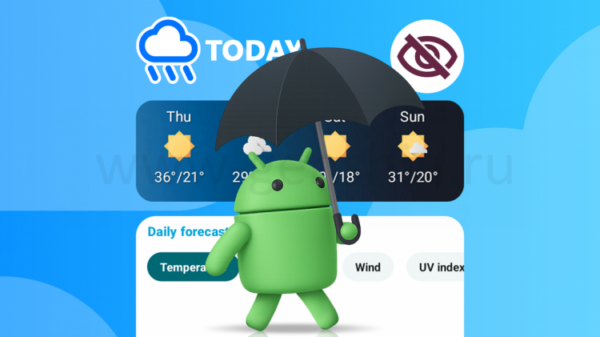 Маскот Android с зонтом на фоне интерфейса прогноза погоды и иконок конфиденциальности.