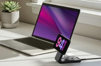 Беспроводное зарядное устройство Belkin UltraCharge 2in1 на белом столе рядом с ноутбуком