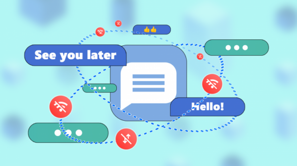 Illustration of a messaging app icon surrounded by message bubbles and offline symbols, connected by dotted lines.(1)