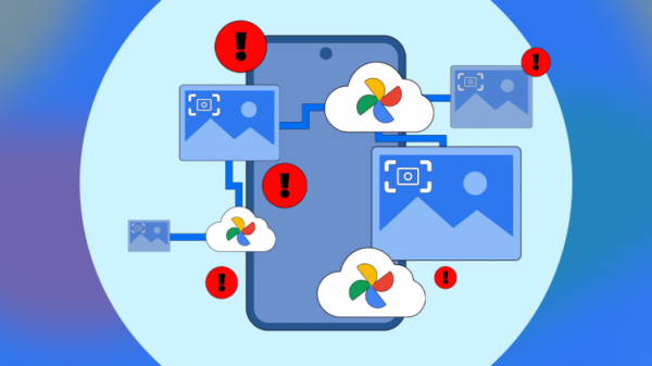 Иллюстрация смартфона в окружении иконок изображений и облачных значков Google Фото, соединённых линиями, с красными предупреждающими символами.