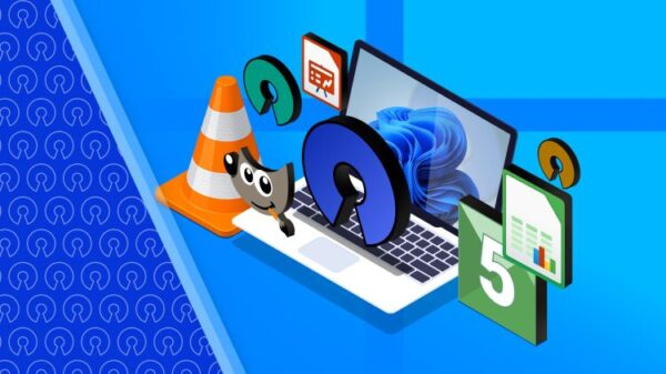 Illustration of a Windows 11 laptop and logos of some open source apps around it.-1