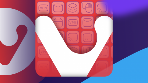 Изображение логотипа браузера Vivaldi на красном фоне с иконками основных фишек.