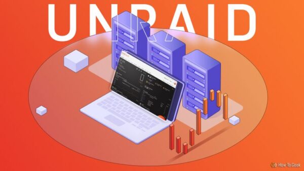 Изометрическая иллюстрация ноутбука с панелью управления Unraid на фоне нескольких серверных башен с графиками и диаграммами данных вокруг.