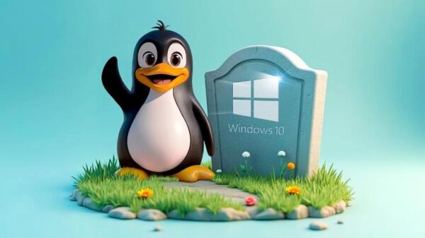 Талисман Linux машет рукой возле надгробия с логотипом Windows 10.