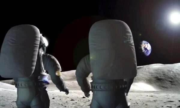 An artist's depiction of astronauts on the moon.