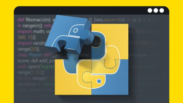 Пазлы складываются в логотип Python на фоне кода на Python.