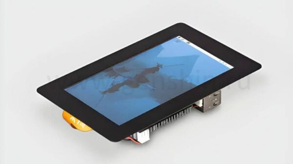 Raspberry Pi Touch Display 2 on a gray background connected and put together