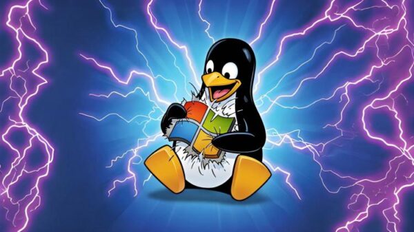 The linux penguin beating down a Windows logo as electricity rages around to show the penguin's dominance.
