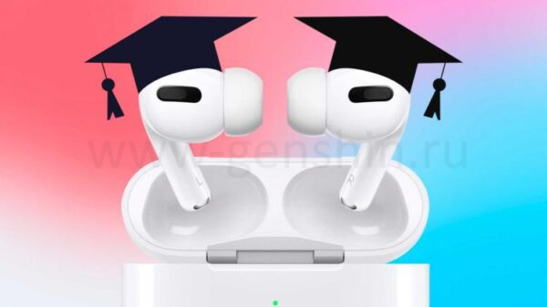 Two AirPods Pros wearing graduation caps while coming out of their case.