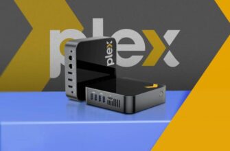 A mini PC with the Plex logo.