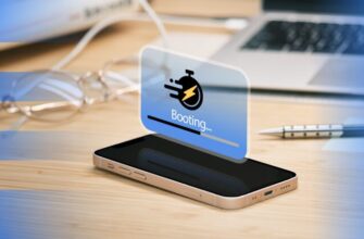 Смартфон на столе с плавающей полосой загрузки и иконкой секундомера.