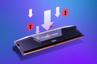 Модуль DDR5 ОЗУ на фоне фиолетового градиента, вокруг — значки загрузки с восклицательными знаками.