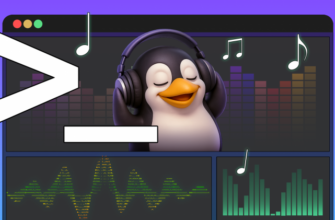Tux, the Linux mascot, wearing headphones inside a terminal window with colorful equalizers and music notes.