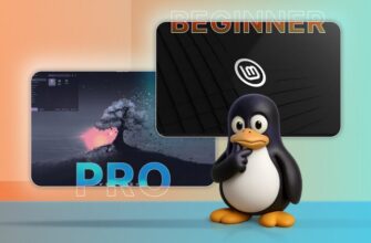 A thoughtful Linux mascot beside two Linux desktop screens, divided into 'Beginner' on the right, and 'Pro' on the left.