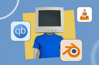 A monitor-headed person standing next to Blender, VLC, and qBittorrent icons.