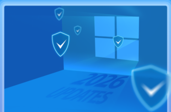 Иллюстрация: светящийся логотип Windows 10 в синей комнате, окружён щитами, на полу надпись '2026 UPDATES'.