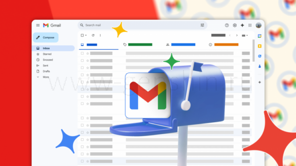 Иллюстрация: входящие Gmail с синим почтовым ящиком и логотипом Gmail.