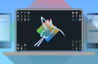 KolibriOS desktop with a colorful hummingbird logo centered and application icons around the screen.