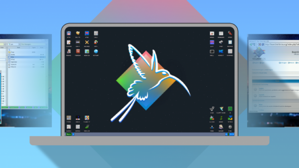 KolibriOS desktop with a colorful hummingbird logo centered and application icons around the screen.