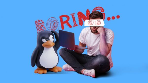 linux-bored-manBored man with hypnotic red spiral eyes sitting with a laptop next to a Linux penguin, with the text 'BORING...' scribbled in the background.