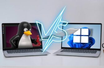 Ноутбук с Linux и талисманом Linux с мечом, рядом ноутбук с Windows, а посередине надпись 'vs'.