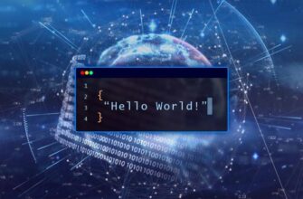 A terminal displaying 'Hello World' with a holographic globe and some binary code in the background.