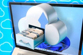 A Windows laptop with a cloud-shaped file drawer coming out of the screen.