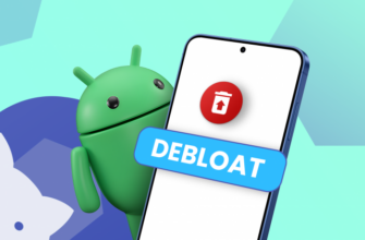 Android-mascot за смартфоном с иконкой Canta и кнопкой ‘Debloat’ на фоне логотипа Shizuku.