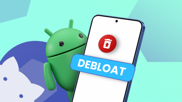 Android-mascot за смартфоном с иконкой Canta и кнопкой ‘Debloat’ на фоне логотипа Shizuku.