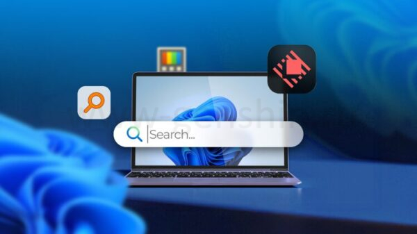 Laptop displaying Windows 11 wallpaper with a large search bar overlay, surrounded by icons for Everything Search, Raycast, and PowerToys.