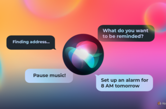 Siri logo surrounded by speech bubbles displaying commands like setting alarms and music control.