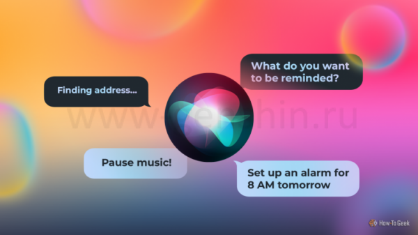 Siri logo surrounded by speech bubbles displaying commands like setting alarms and music control.